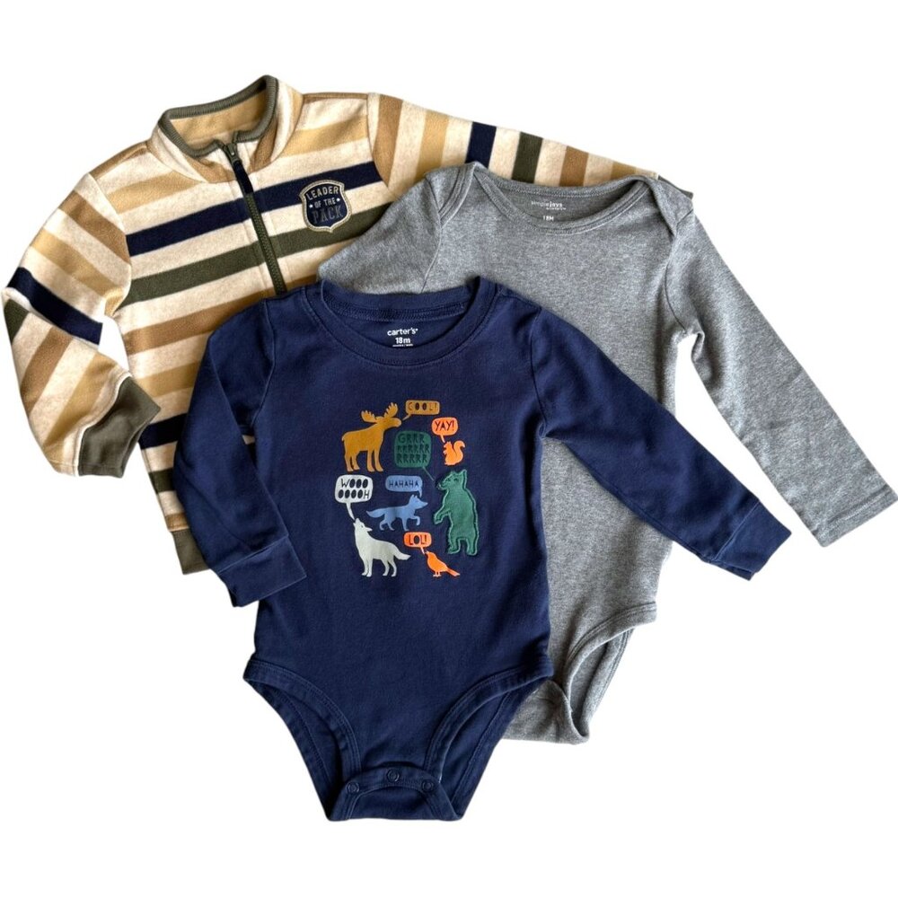 3 Pack Carters Baby Boy Woodland Animals Bodysuits & Fleece Sweatshirt 18M Soft